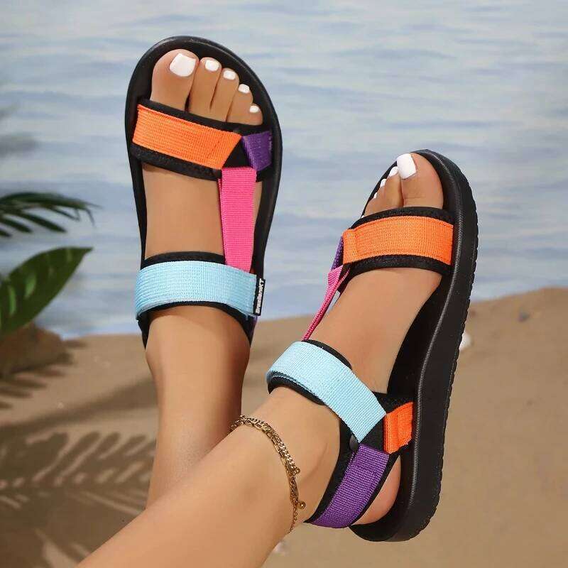 2025 Summer Colorful Climber Heel Sandals Flat Casual Wear-resistant Breathable Soft Sole Women's Beach Shoes