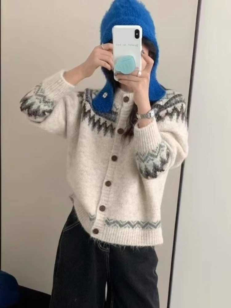 Autumn Winter New Fashion Knitted Women Cardigan Retro Jacquard Long Sleeve Sweater Casual Loose Knit O-neck Single-Breasted Top M260306