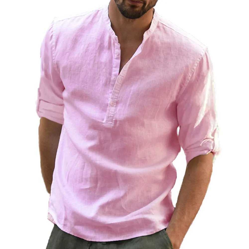 Autumn New Mens Cotton Linen Shirt Loose Fit Casual Long Sleeve Tees Stylish Breathable Solid Color Henley Neck Tops M260305