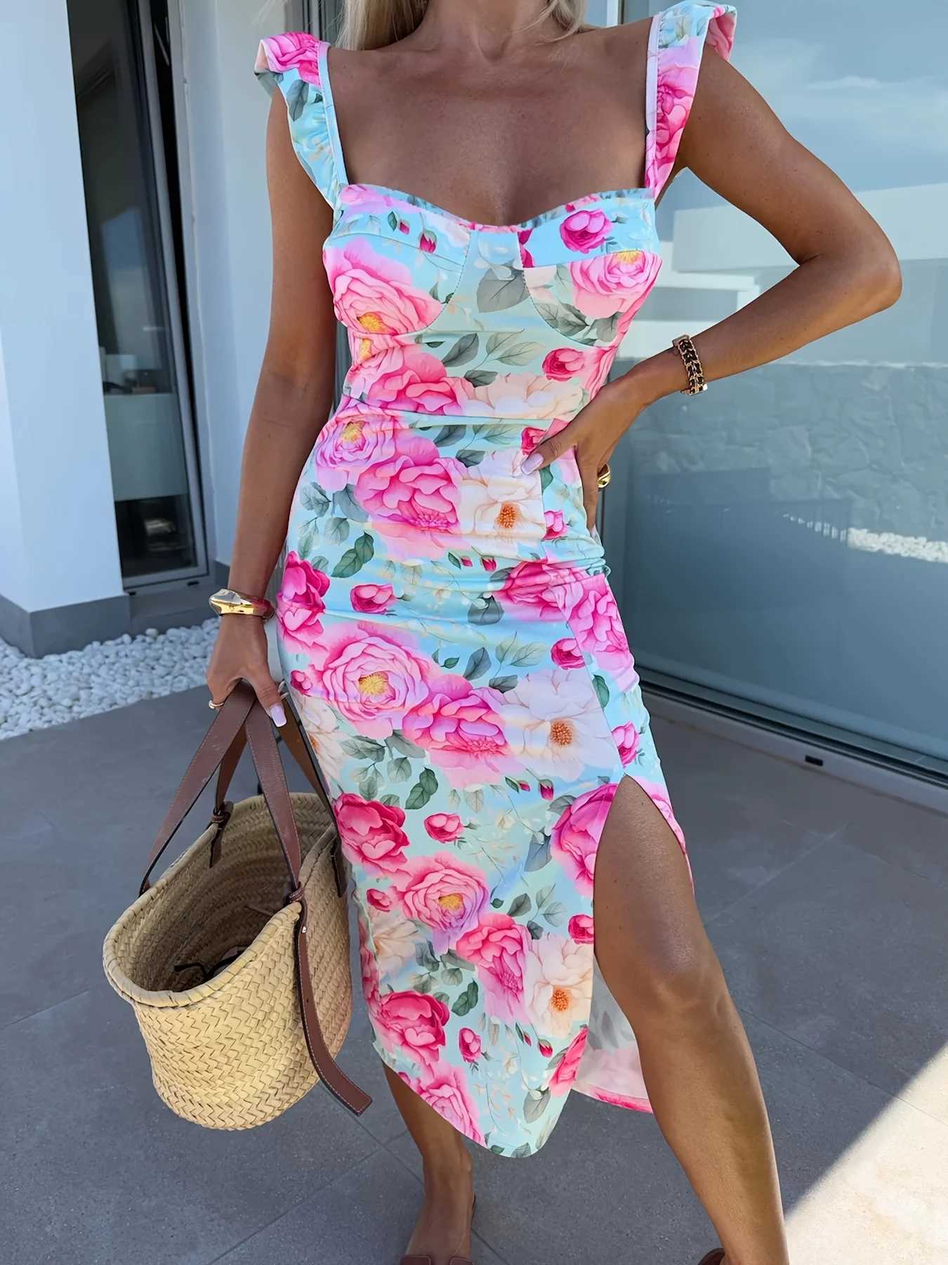 European and American summer new elegant design French flower suspender slit midi-length ladies dress X260306
