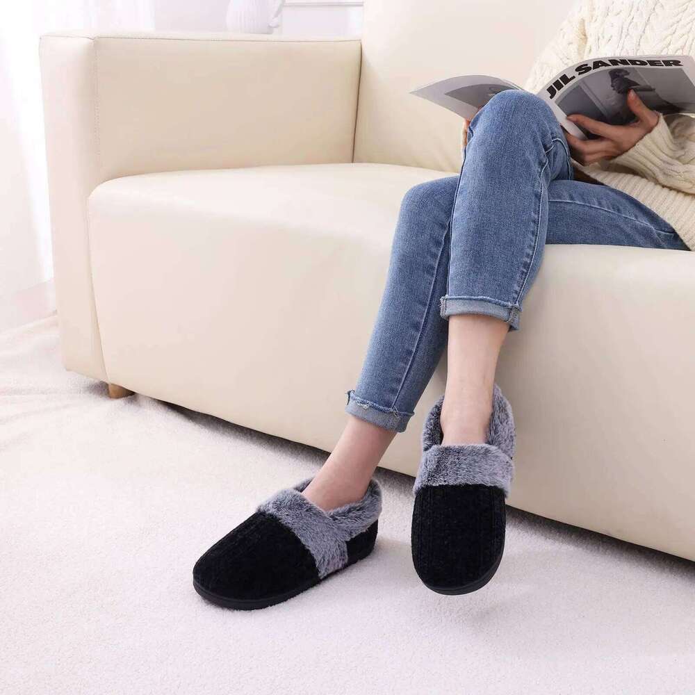 Litfun Winter Furry Women's Memory Foam Closed Back Slides Fur Knit Non-slip Indoor Slide Slip On Warm Outdoor Slippers