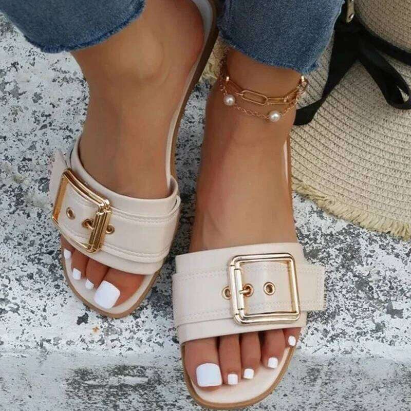 New Slides Personality Buckle Open Toe Wear-resistant Office 2025 Flat Slippers Summer Sandy Beach Sandals Women Shoes