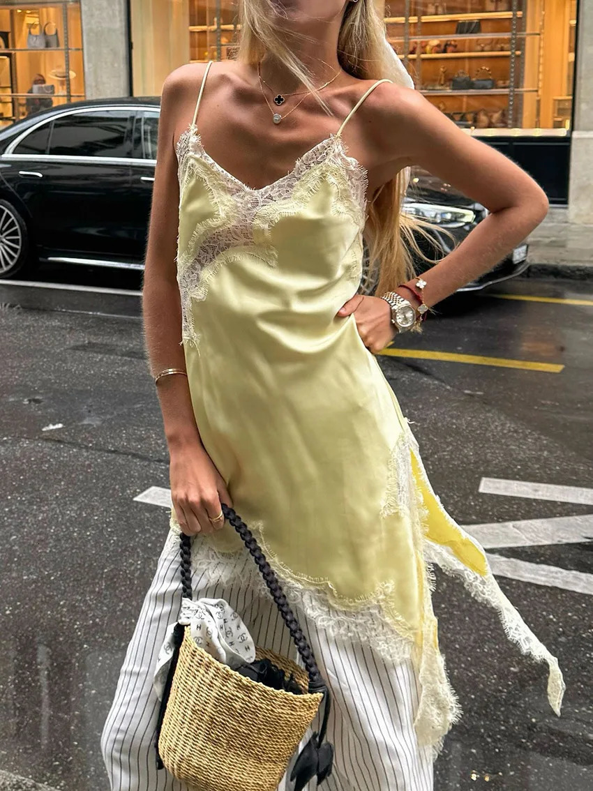 Lace Mini Spaghetti Strap Dress For Women Irregular Backless Slit Sexy Evening Party Dress Female High Waist Bottom Dresses 260306