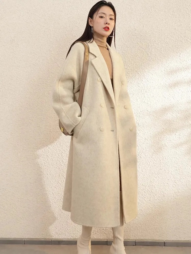 High Grade Gray DoubleSided Cashmere Coat For Women In Autumn And Winter With Hand Sewn Lapel Double Breasted Long 260228