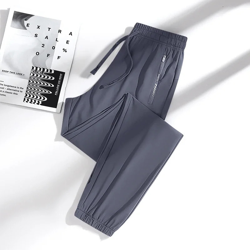 High Quality Ice Silk Mens Womens Pants Summer Thin Loose Quick Drying Breathable Sports Straight Leg Tie Casual Pants 260306