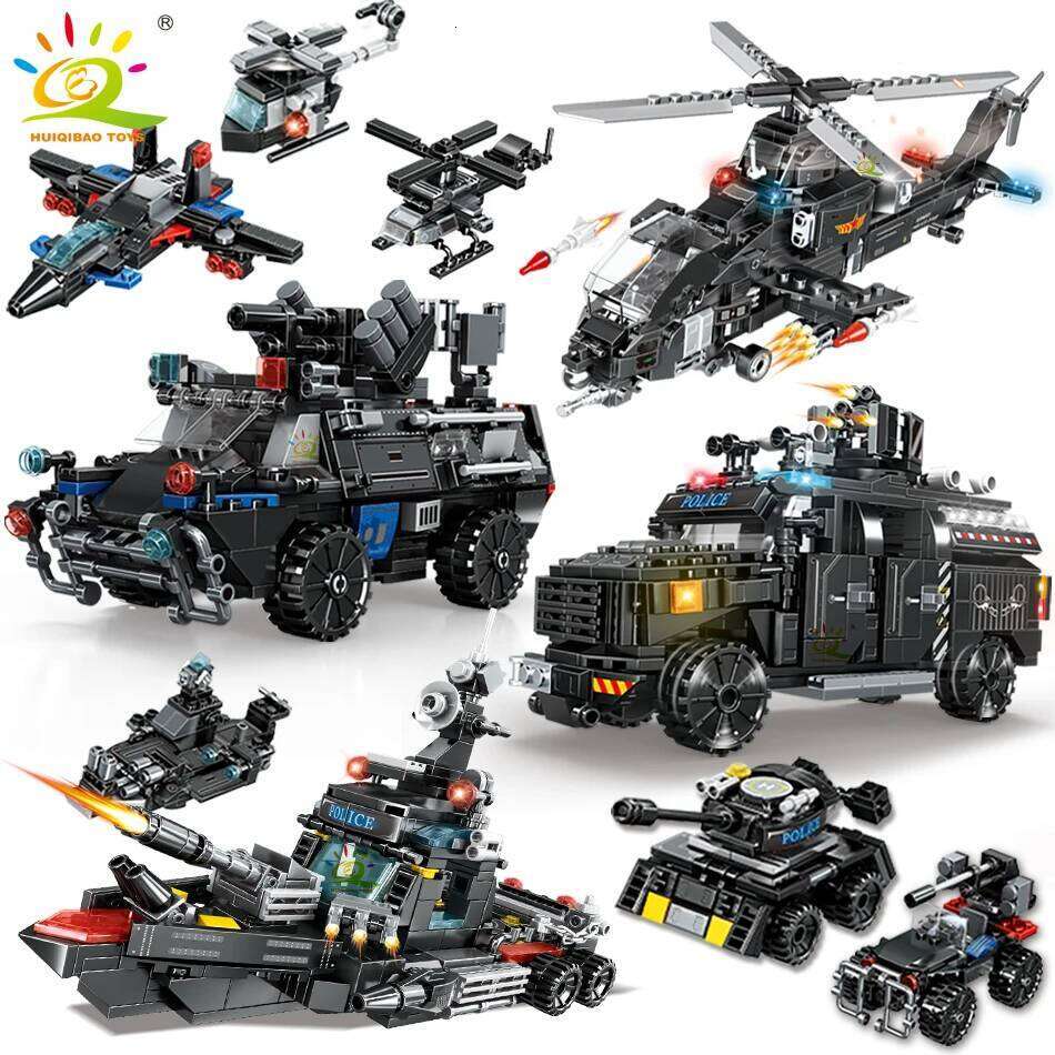HUIQIBAO 4in1 Swat Police Series Building Blocks with Policeman Bricks Truck Ship Car City Construction Toys for Children Z260306