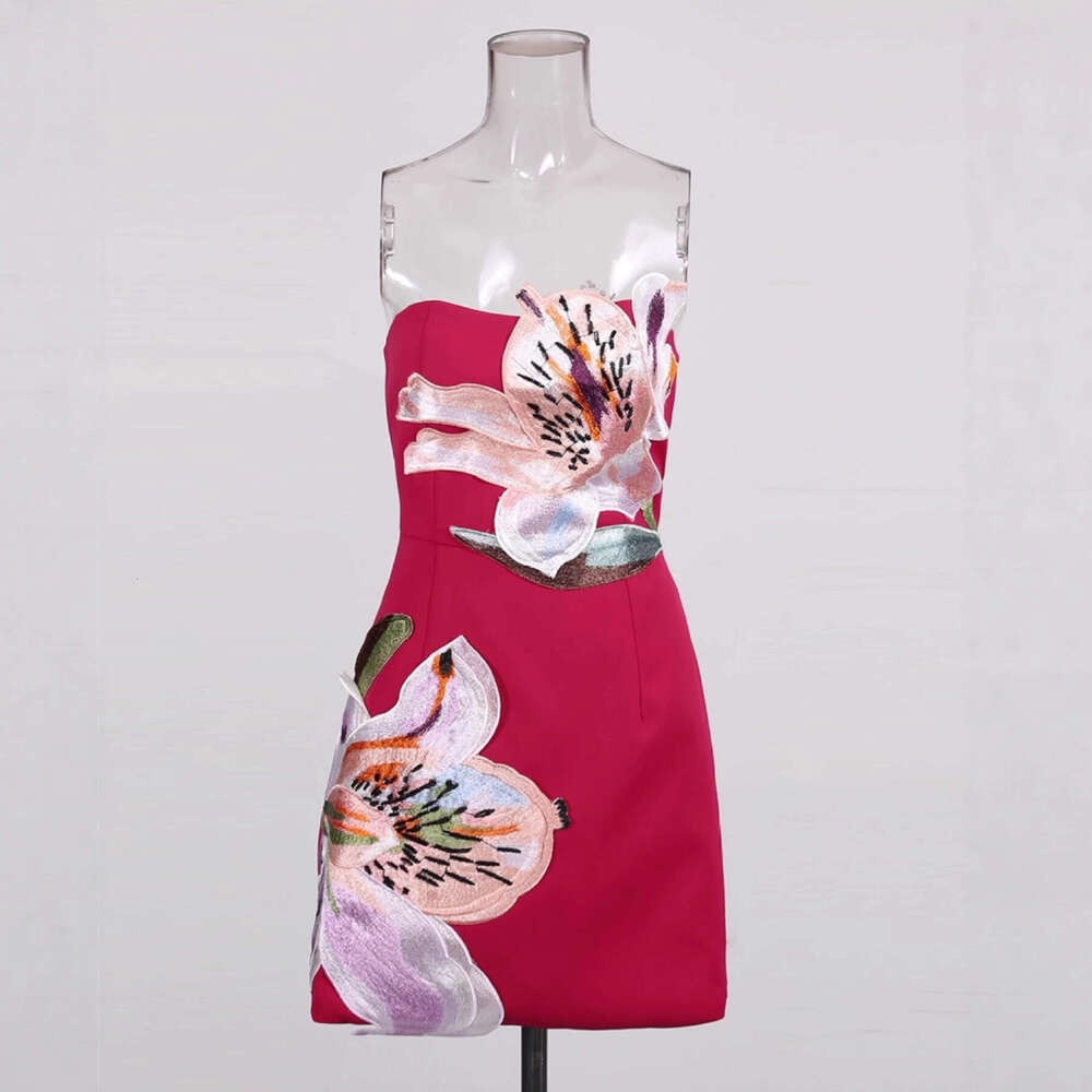 2026 elegant and fashionable red enhanced skin tone dress with 3D floral embroidery and strapless design