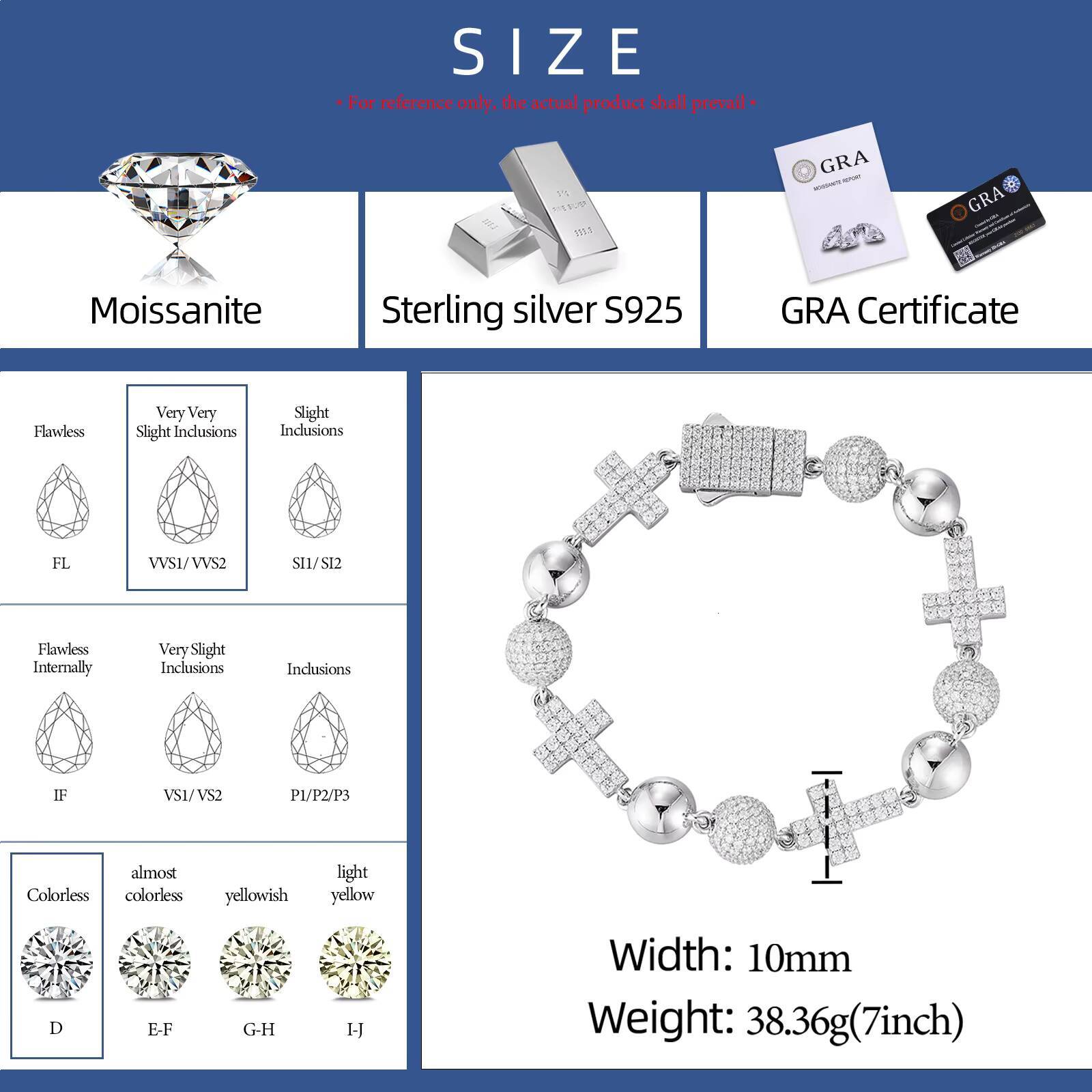 Jewelry Wholesale Luxury Mens Charm 10mm 925 Sterling Silver VVS Moissanite Diamond Iced Out Ball Cross Link Chain Bracelet