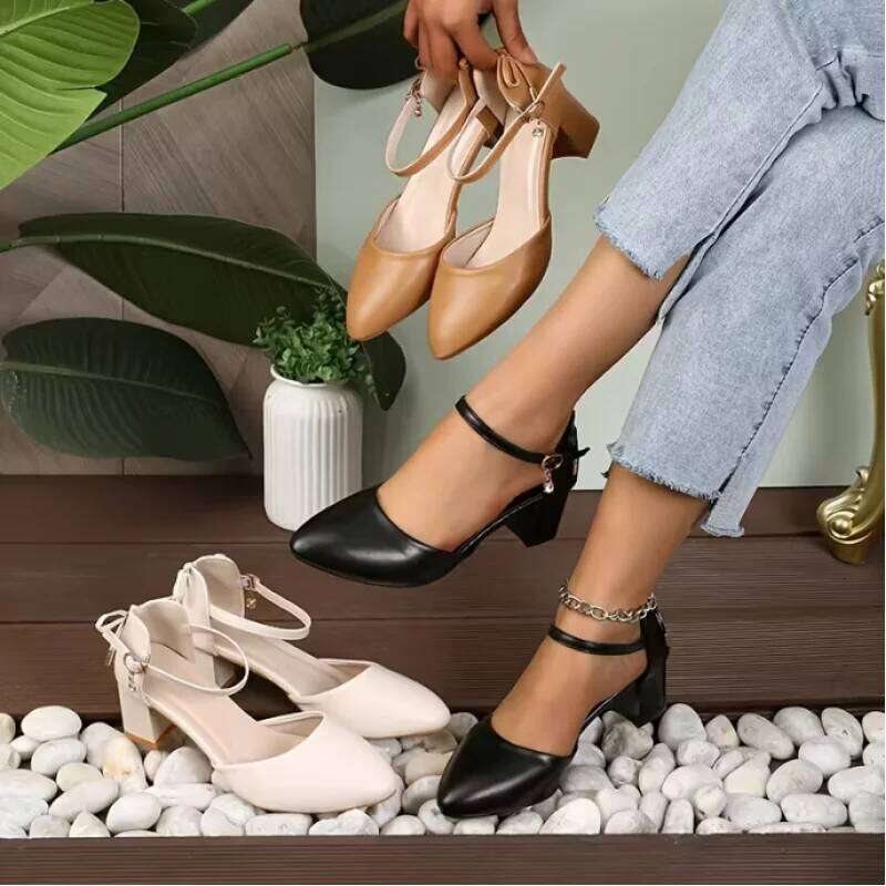 Women's Fashionable French Elegant Chunky Heel High Heels with Buckle Straps&Bowknot-Hollow-Out Mid-Heel Dressy Sandals for Lady