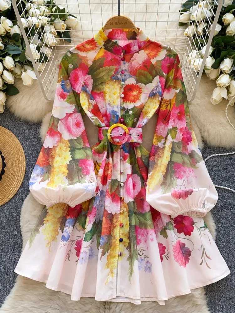 France Elegant Vintage Evening Dress Women Print Sashes Button Short Party Dress Female Casual Chic Festival Clothing New X2603061
