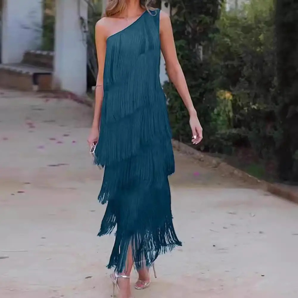 Spring Summer Dress Cocktail Party Elegant Fringed Tassel Evening for Women One Shoulder Maxi 260302
