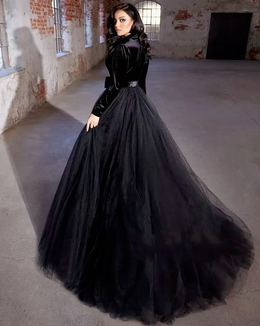 Modern Black Prom Party Dress 2026 V-neck Long Sleeves Bow Sweep Train Satin Tulle Evening Birthday Formal Gowns Pageant Dresses Robe De Soiree BC068