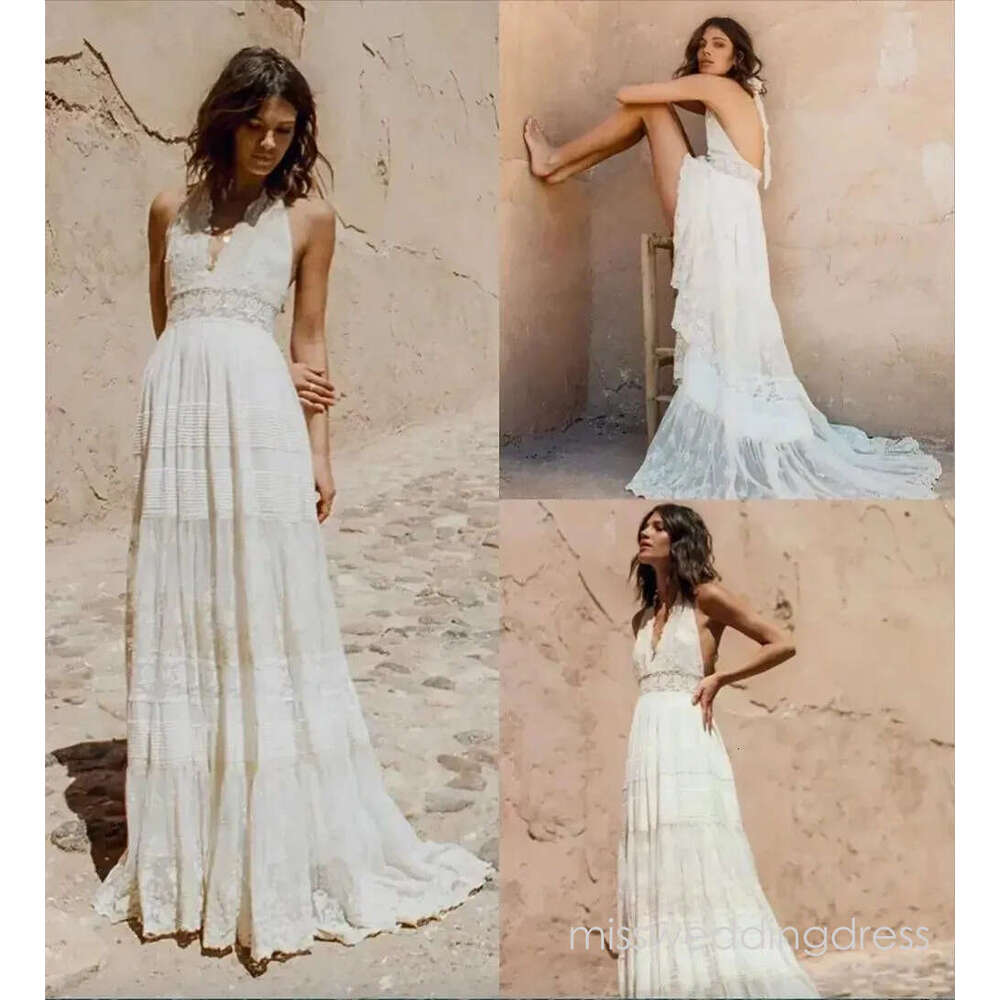 Bohemian Dresses Halter Deep V Neck Luxury Embroidery Sweep Train Backless Bridal Gowns Custom Made Beach Boho Wedding Dress