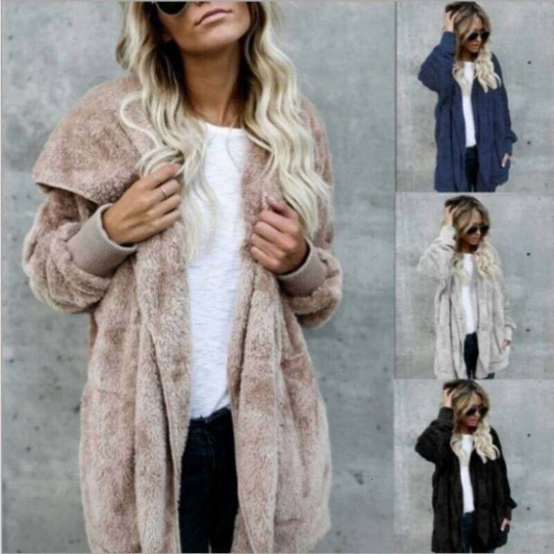Autumn Winter Double Fleece Cardigan Women Solid Color Long Sleeve Plush Warm Hooded Lady Jacket Oversized Outerwear Coat