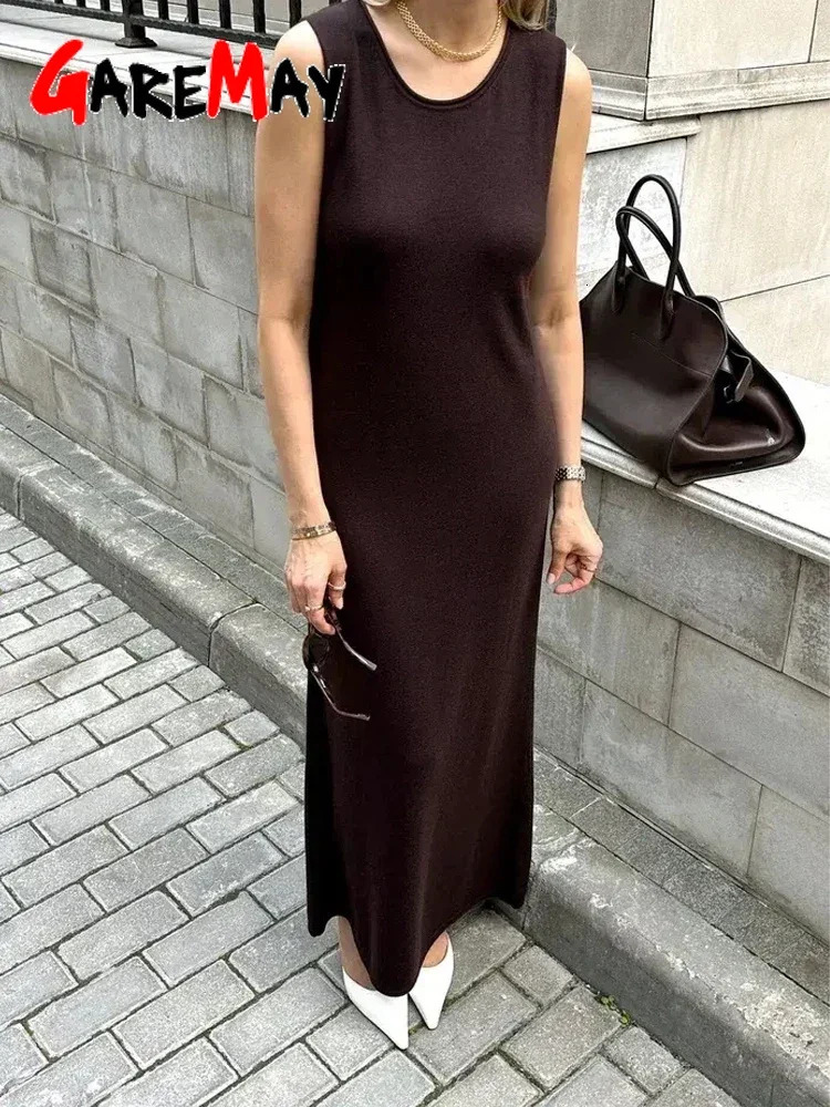Noodle Womens Summer Knitted Dress Sleeveless Soild Long Elegant Brown Dress O Neck Casual Vintage Midi Ribbed Knit Dress 260306