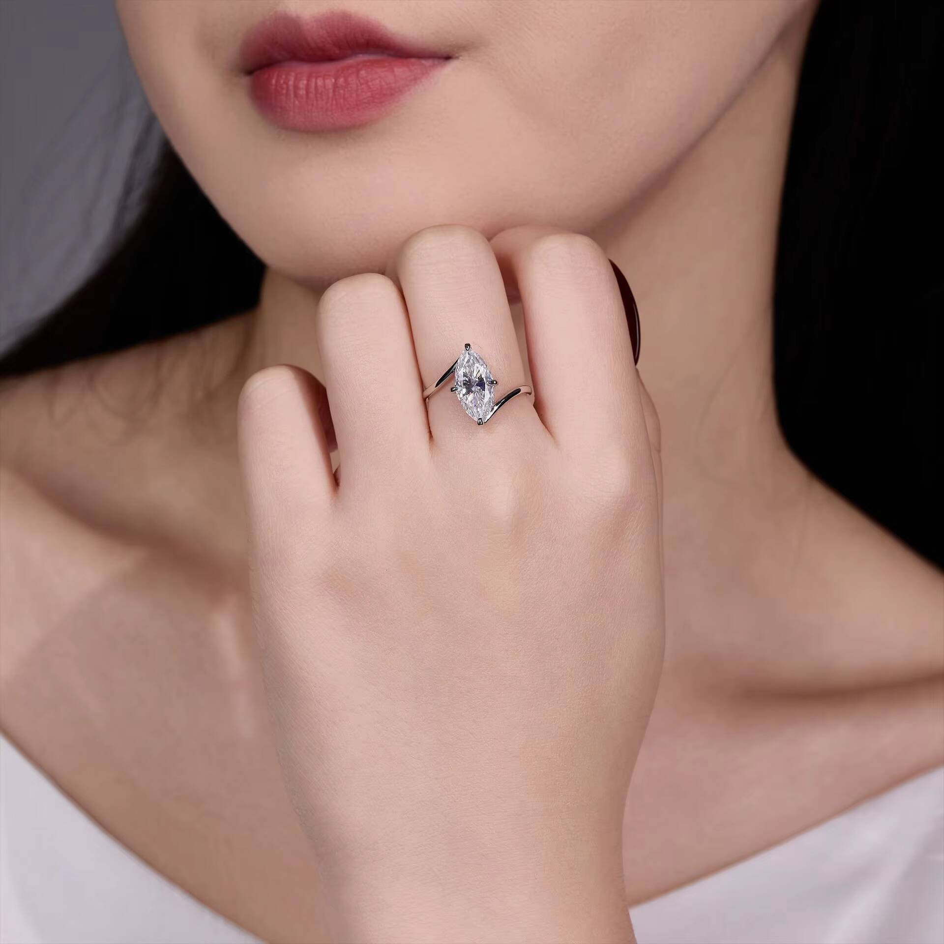 Fine 925 Sterling Silver 14K Gold Plated Marquise Cut 3 GRA Moissanite Engagement Jewelry Solitaire Diamond Modern Ring