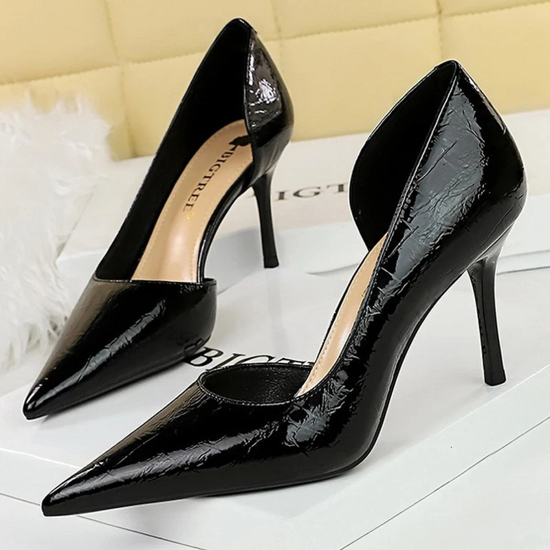 BIGTREE Shoes Women 8 Cm Patent Leather Women Pumps Pointed Side Hollow Retro High Heels Stilettos Sexy Party Shoes 43 260306