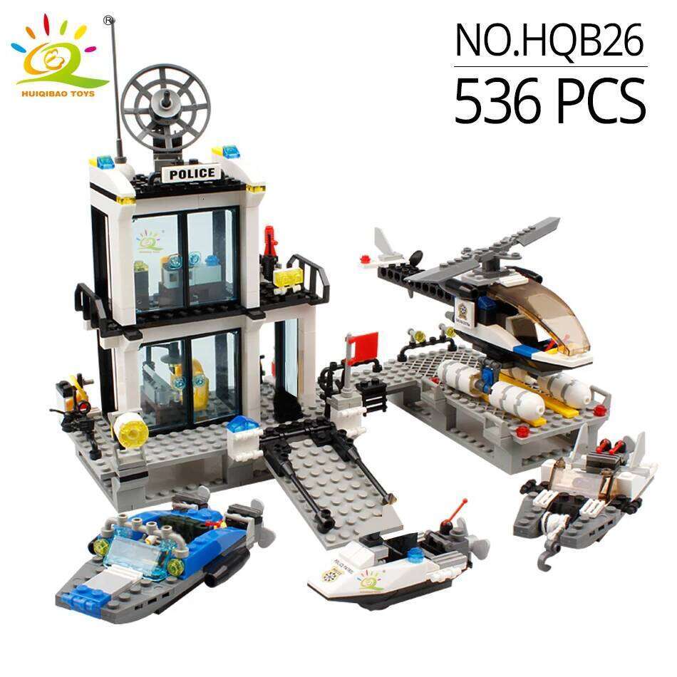 HUIQIBAO City Police Station Building Blocks Prison Truck Helicopter Boat with Policemen Construction Bricks Toys for Children Z260306