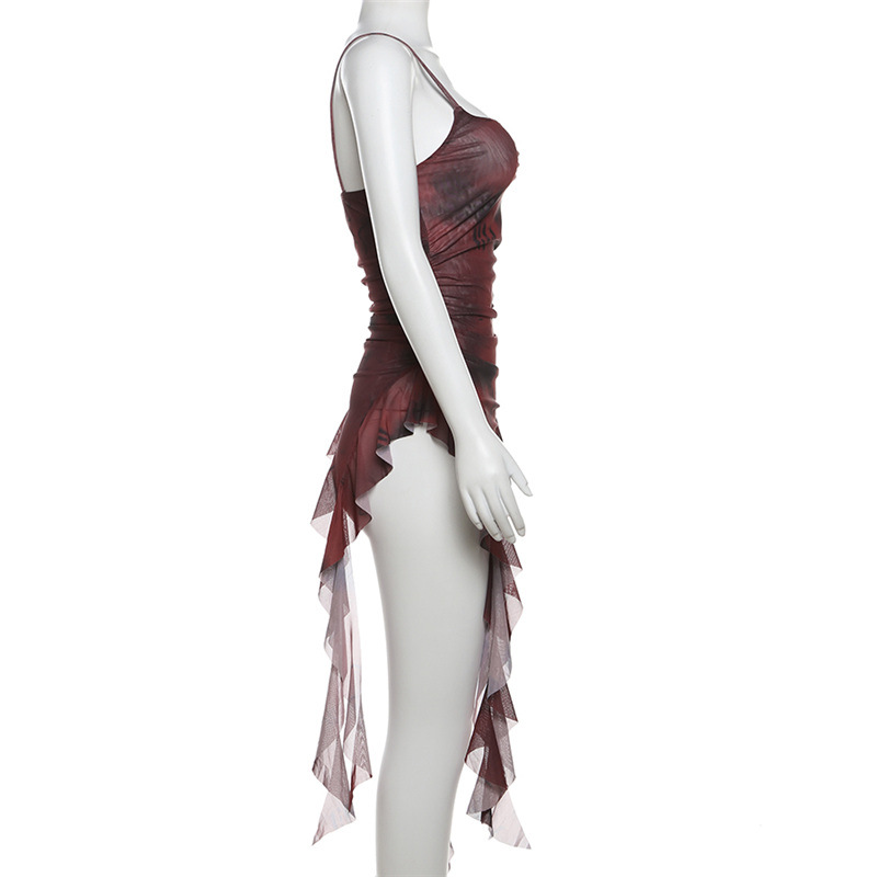 Basic & Casual Dresses Street Tie-dye Mesh Camisole Vest 2026 Sumemr New All-match Tank Top Y2k Slim Fit Irregular Ruffles Tassel Sling Dress