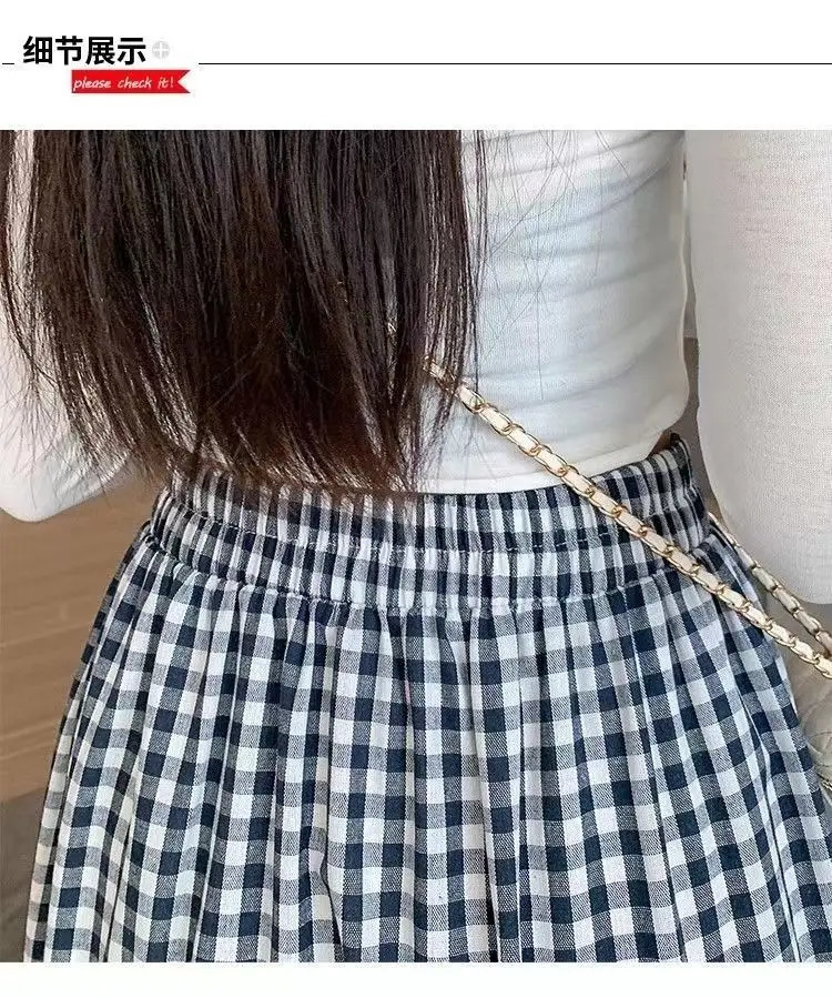 Patchwork Tiered Skirt Women Summer Vintage Checkered High Waisted Elastic Waist Slimming Midi Skir 260306