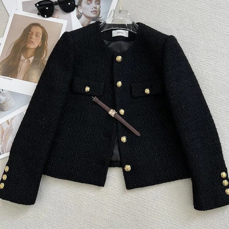 French Wool Tweed Coat Fashion High-end Gold Button Short Slim Temperament Spring and Autumn Korean Coats Women Jacket 260306