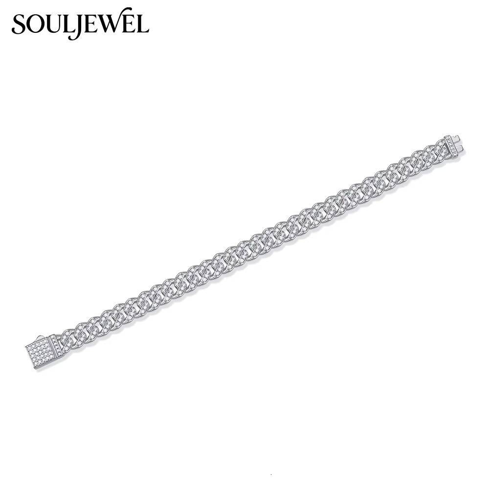 Moissanite Cuban Bracelet Sterling Silver Claw Setting Rhodium Plated Chain Link Design Hip Hop Style Unisex Everyday Wear