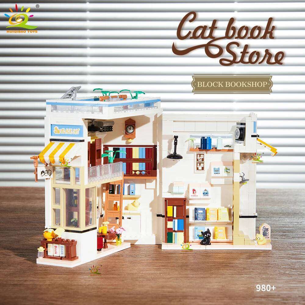 HUIQIBAO MOC Cat Cafe Bookends model Micro Building Block Bookstore Flower Shop Mini Brick Toy for Children Desk Decor. Z260306