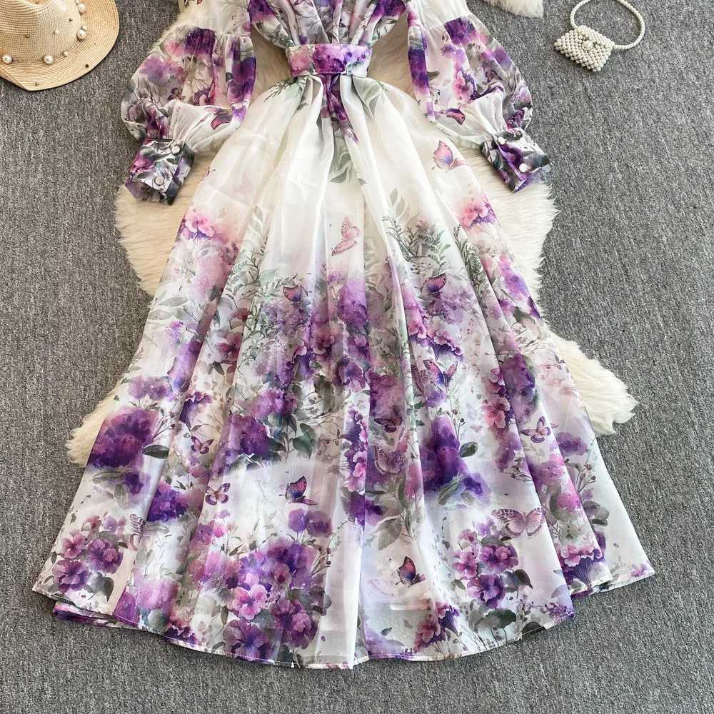 Floral Print Fresh Chic Women Dress Spring 2026 New Elegant Slim Lantern Sleeve Big Swing Vestido French Style Temperament Ropa X260306