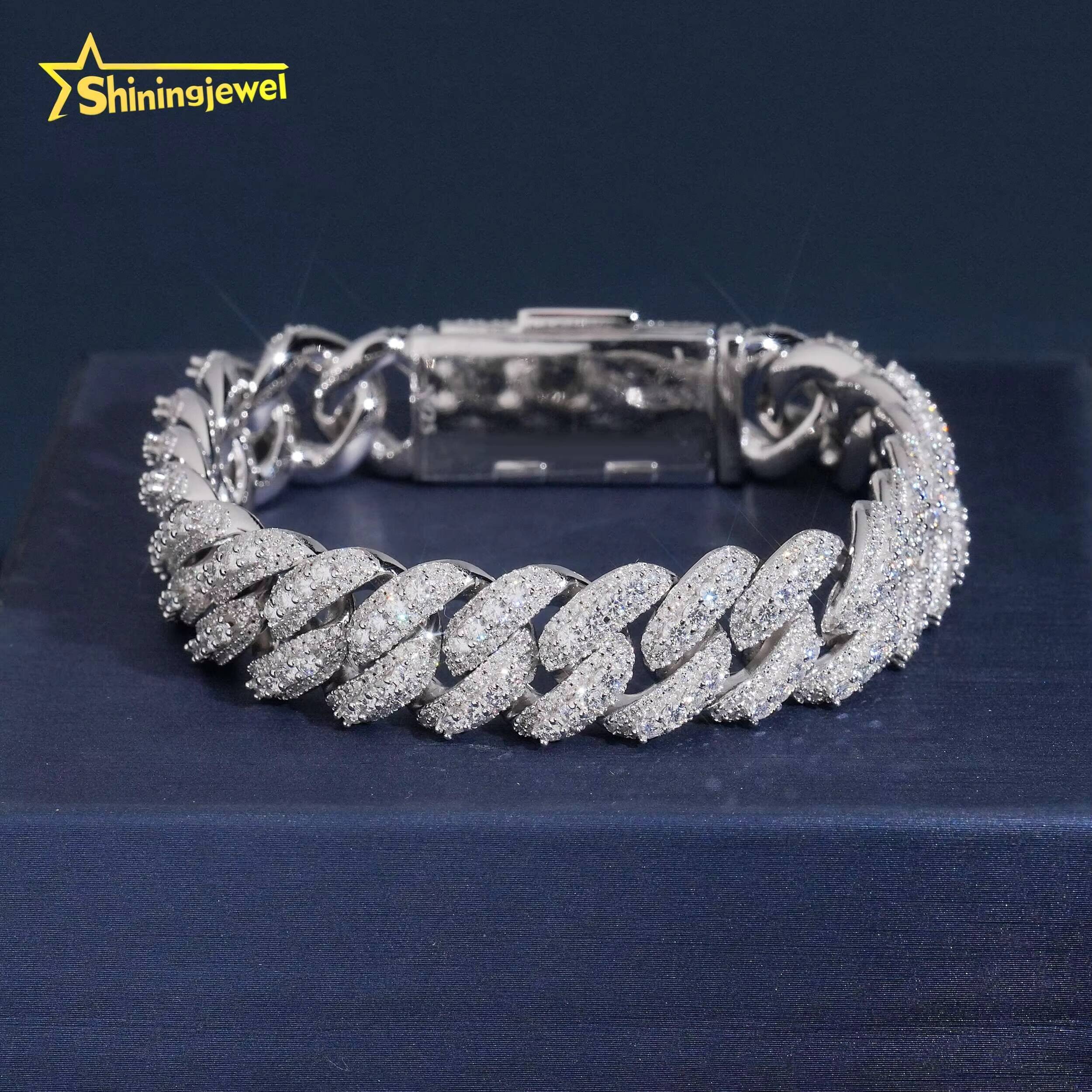 USA Warehouse New Style Men 925 Silver Bracelet Iced Out 13mm Hip Hop Moon Shape Moissanite Cuban Bracelet Fine Jewelry