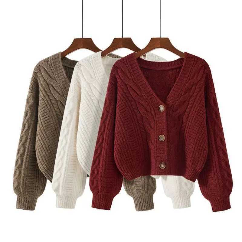 Womens Short Sweaters Cardigan Solid Color Vintage Twist V-Neck Knitted Cardigans Autumn Winter New Long Sleeve Button Sweater M260306