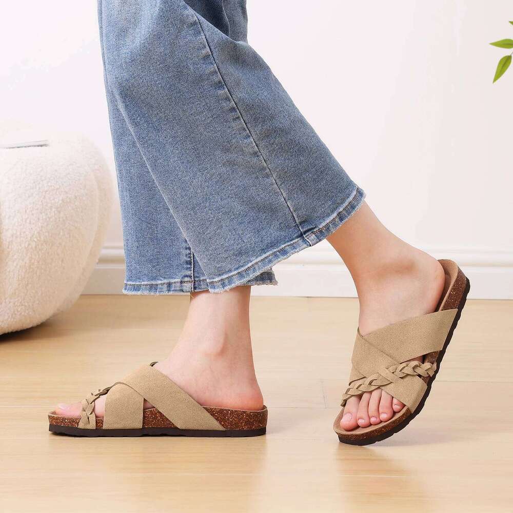 Litfun Casual With Arch Support New Cork Footbed Slides Walking Slip On Sandals Braided Straps Women's Slippers