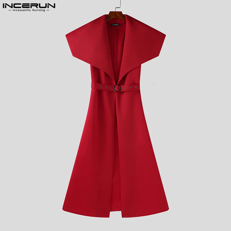Men Long Style Trench Lapel Sleeveless Solid Color Streetwear Casual Male Cardigan With Belt Fashion Coats S5XL INCERUN 260302