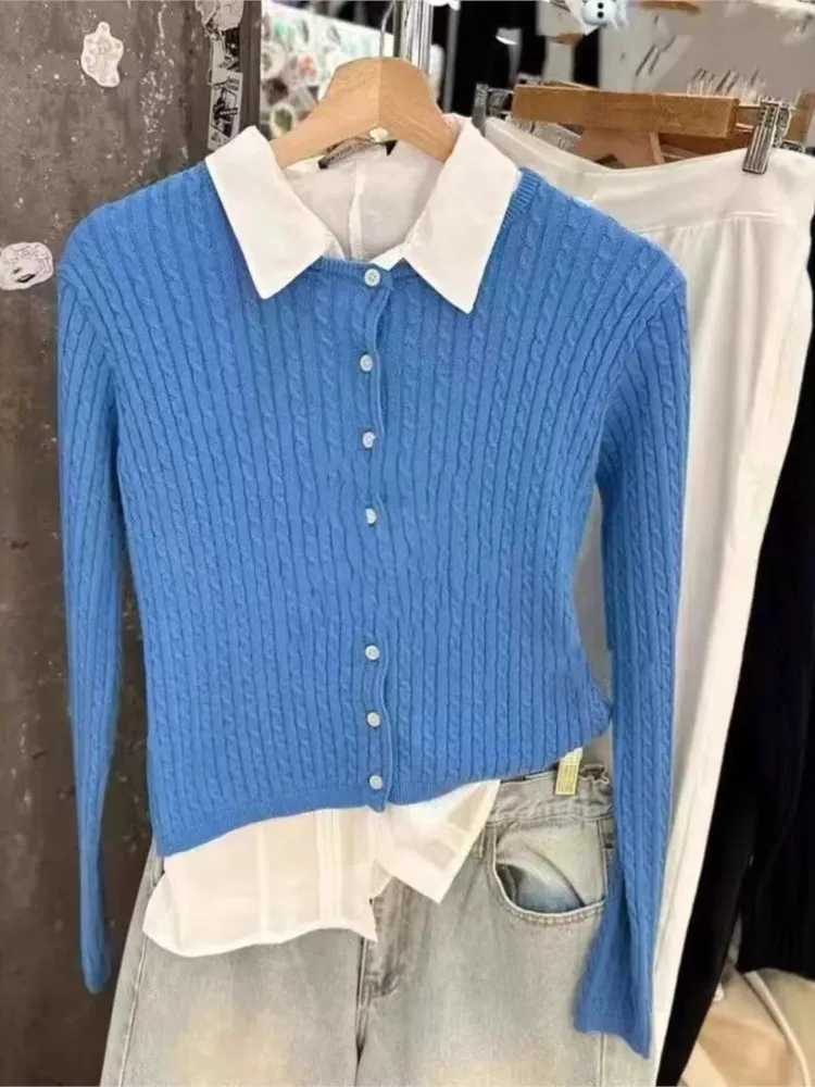 New Blue Twisted Flower Knit Cardigan Women Autumn Casual O-neck Single-breasted Slim Crop Tops Vintage Preppy Style Sweater Y2K M260306
