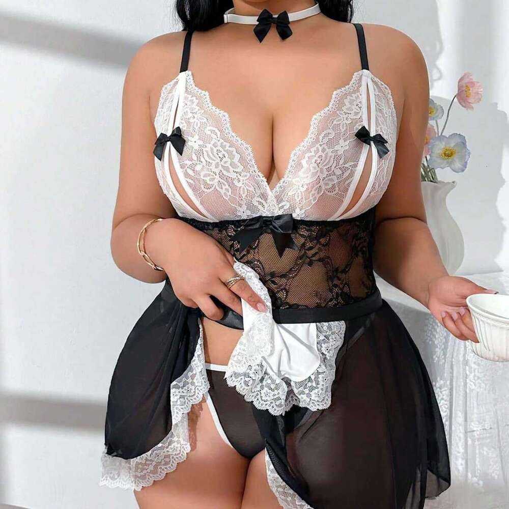 Women Black & White Lace Maid Costume with Deep V-Neck & Bow Details Sexy, Elegant & Perfect for Role Play, Party or Photo Shoot