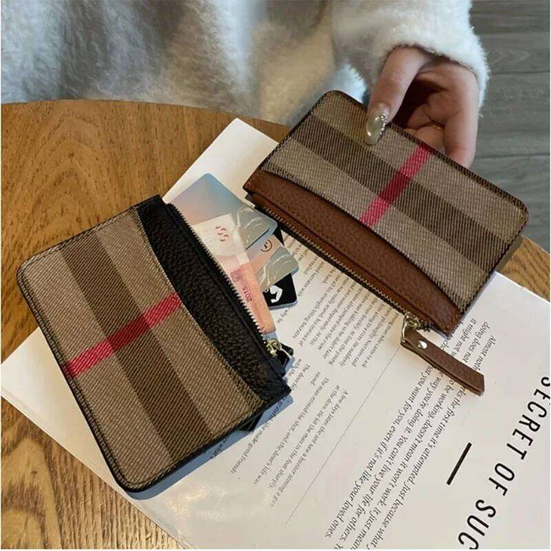 1pc Stylish Vintage Zipper Coin Purse for Women Large Capacity Genuine Leather Wallet, with Key Holder Brown & Beige Plaid Design C260304