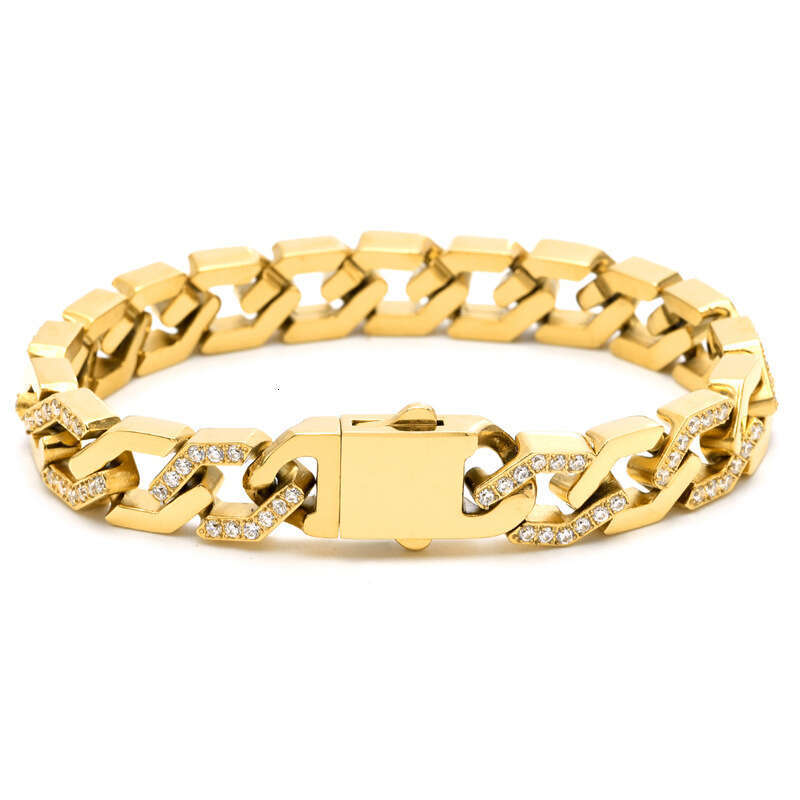 High-quality stainless steel diamond-encrusted Cuban wholesale, popular European and American cross-border jewelry, exaggerated gold chain with zircon