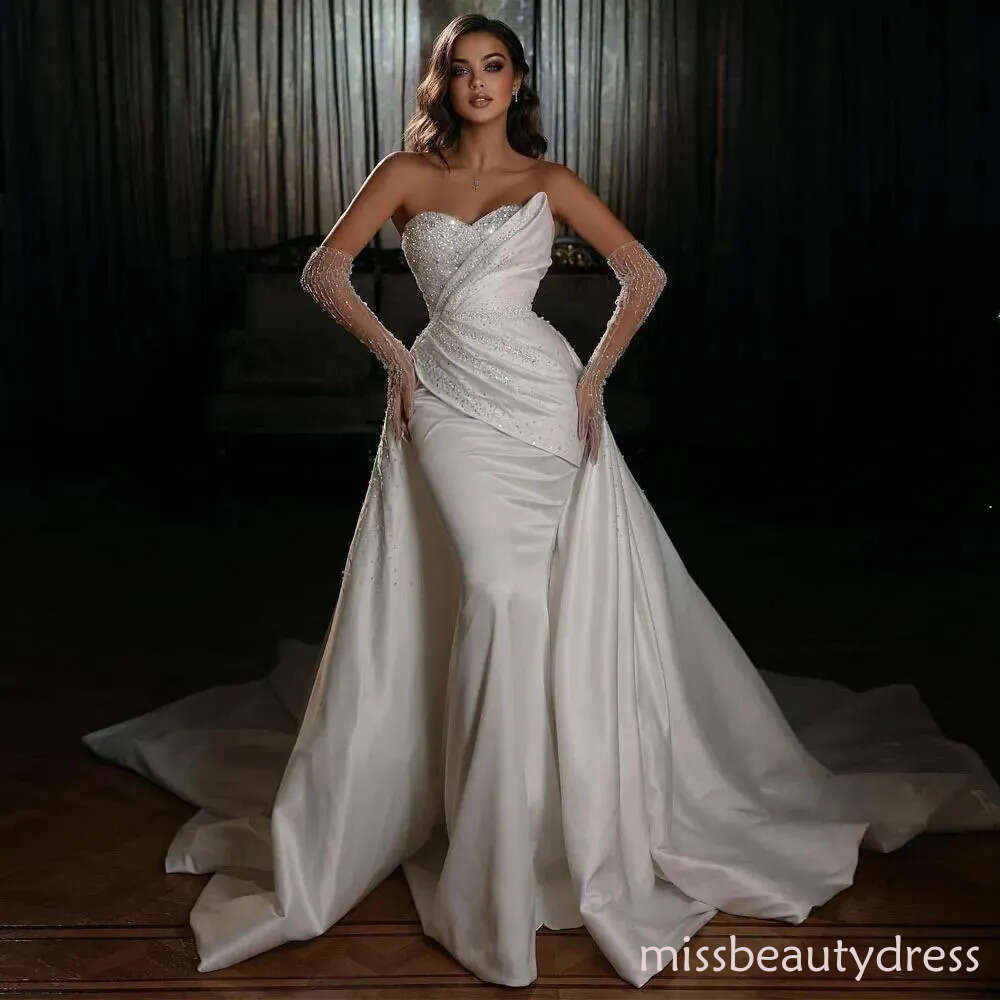 Charming Mermaid Wedding Dresses Beaded Bridal Gowns With Detachable Train Sequined Sweetheart Neckline Satin Plus Size Vestido De Novia