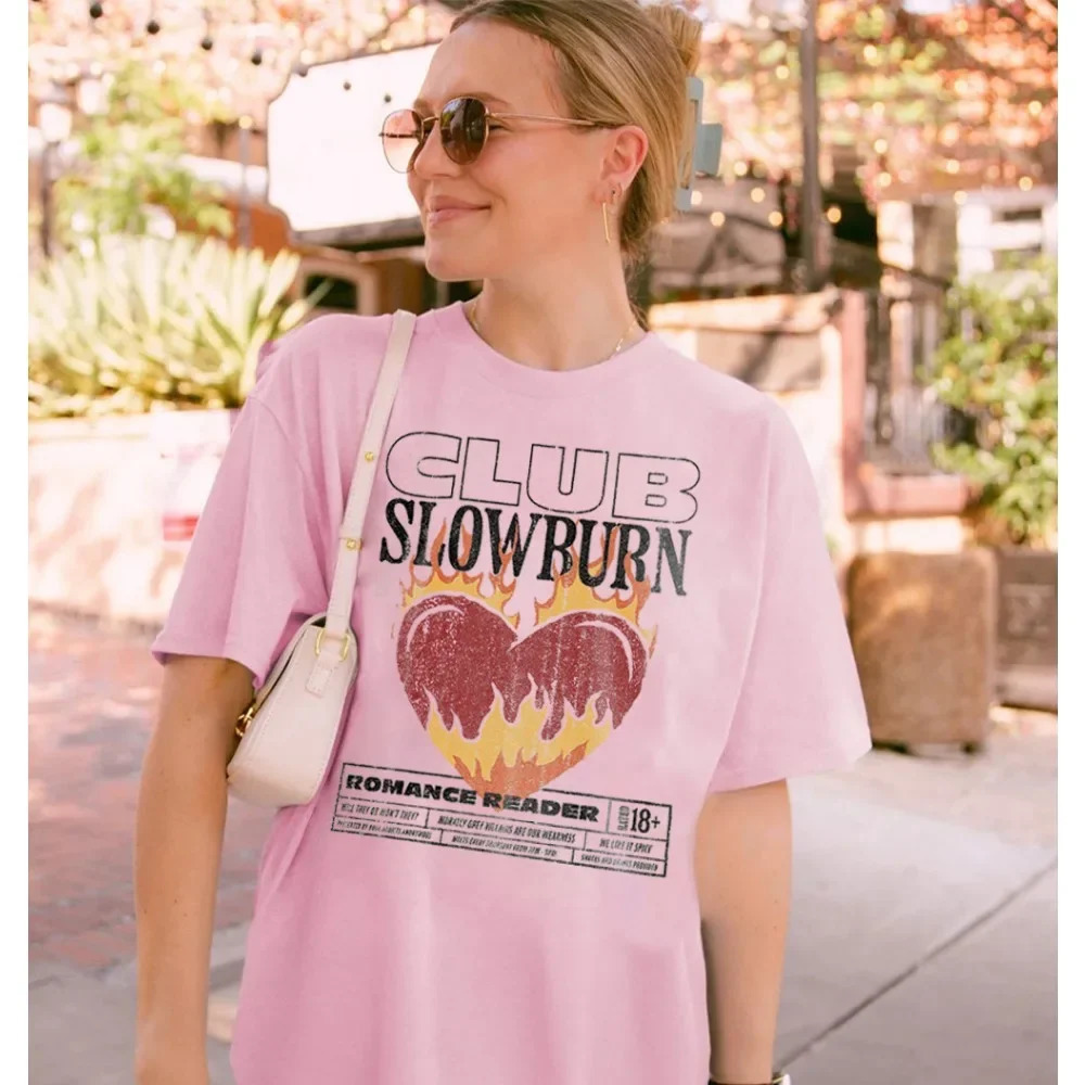 Slow Burn Book Club Shirt Bookish Shirt Romance Women Cotton Casual Loose Short Sleeve T Shirt Vintage O Neck Top Tee Clothes 260304