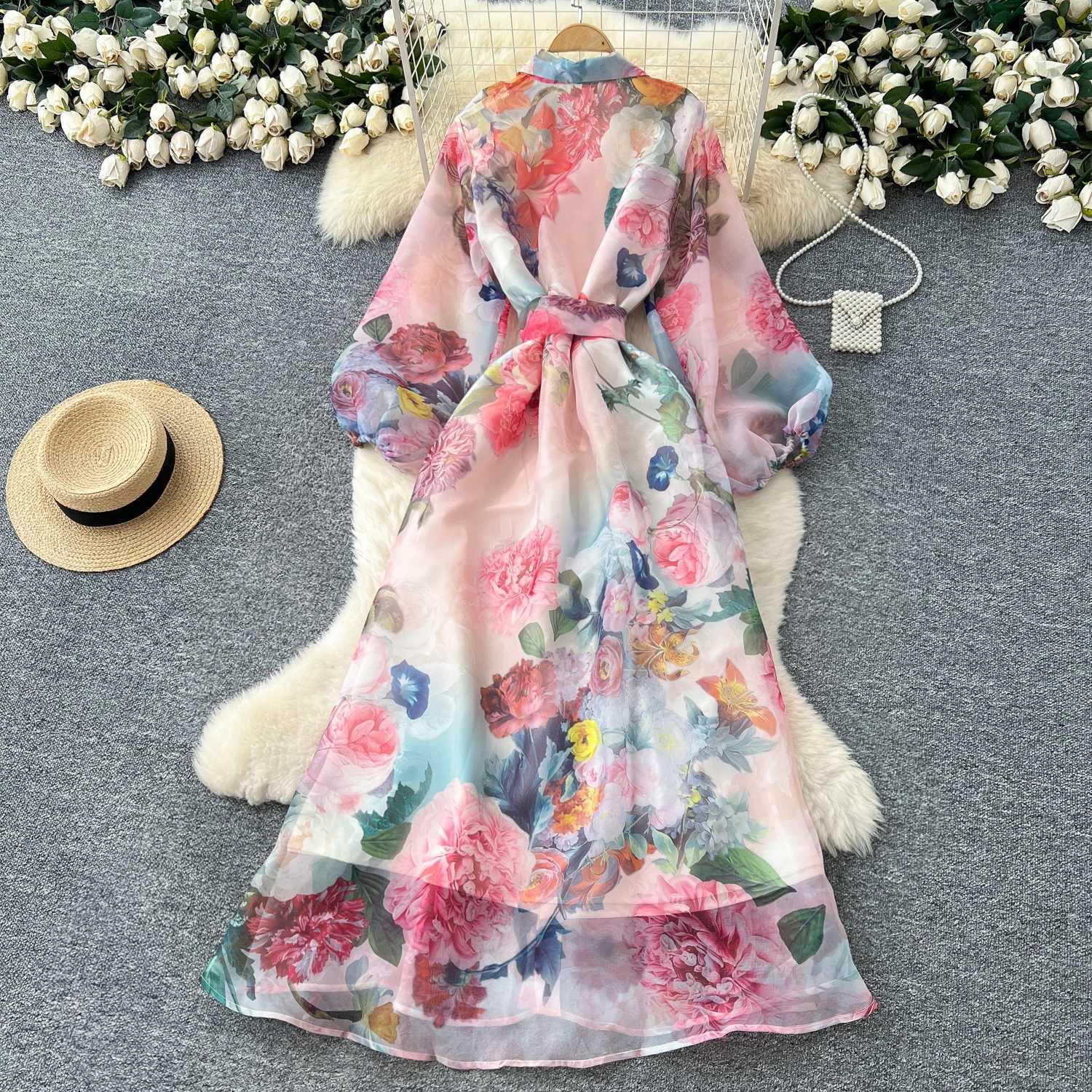 Fresh Sweet Floral Print Fairy Dress Court Style Puff Sleeve Bandage Robe Female Turn-down Collar Single Breasted Vestidos X260306