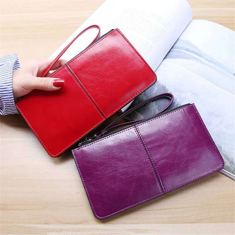 Vintage Oil Wax Leather Zipper Clutch Female Large Capacity Coin Purse Ladies Wristband Simple Card Holder Women's Wallet C260304
