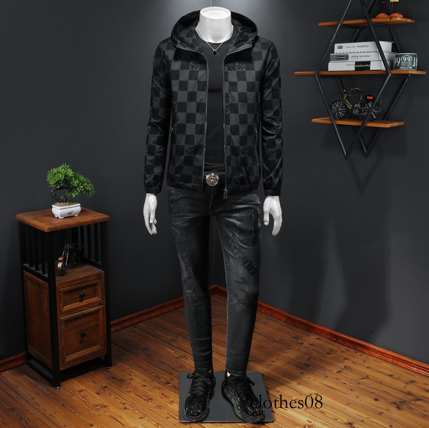 European Collection 2026 Spring New Men's Flocked Hooded Casual Jacket, Plus Size Slim Fit Jacquard Plaid Coat, Trendy