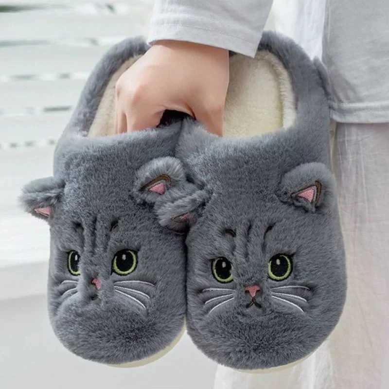 Autumn and Winter Cotton Slippers for Men and Women Cartoon Kitten Indoor Plush Slippers for Couples Home Keeping Warm S260305