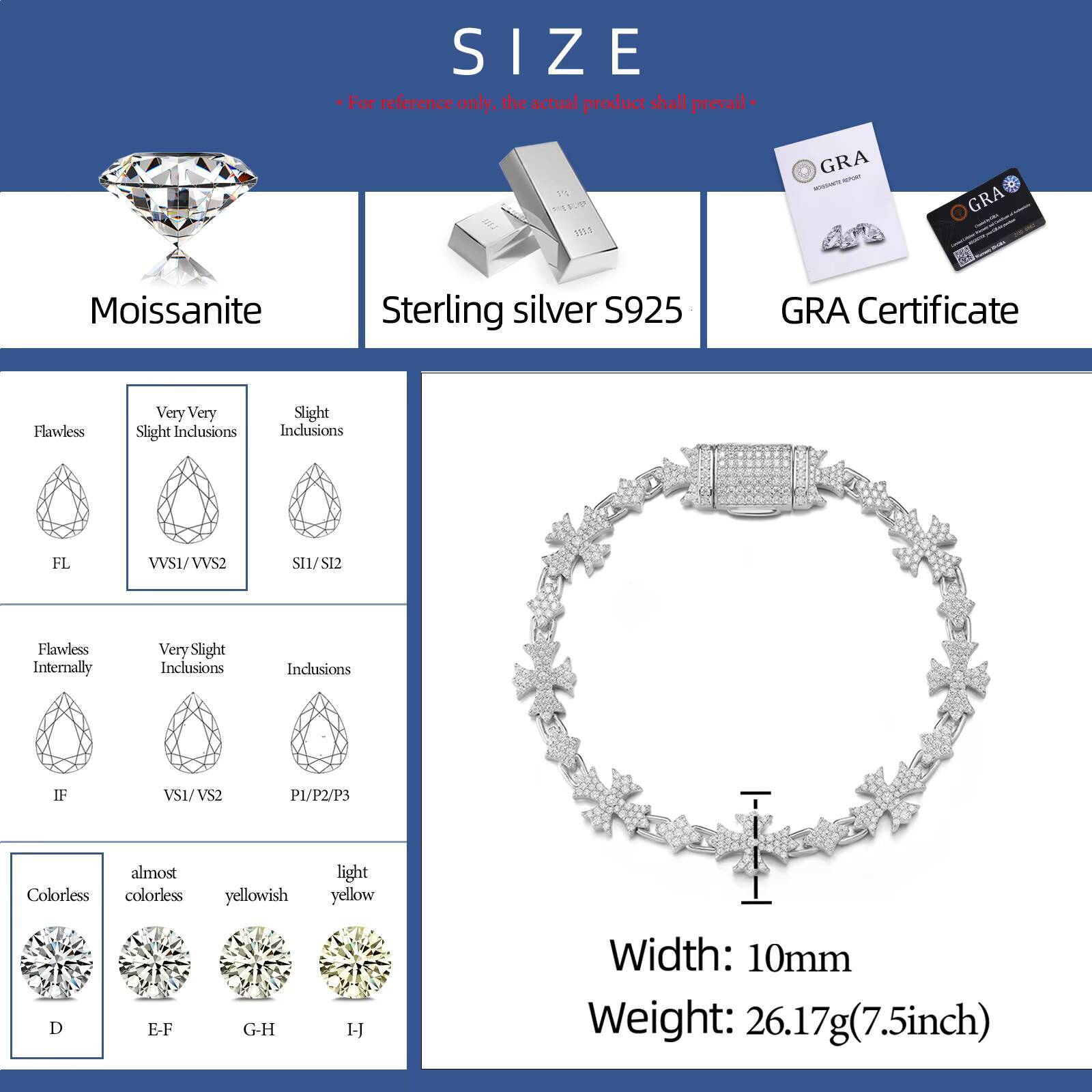 Fine Four Pointed Star Bracelet Gold Plate 925 Sterling Silver VVS Moissanite Diamond 10mm Iced Out Cross Bracelet for Gift