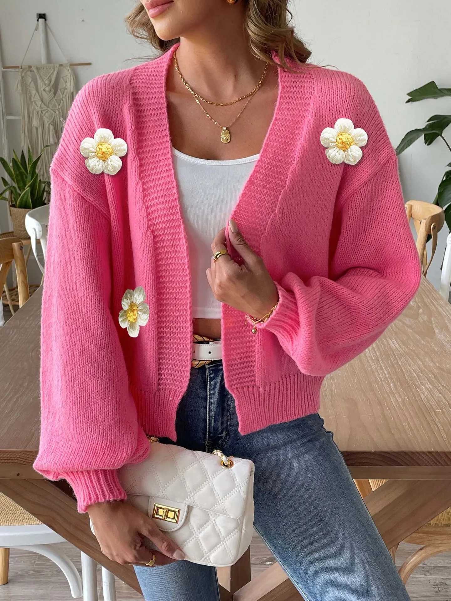 Women Cardigan Sweater Coat Flower Knitted Jacket V Neck Lantern Sleeve Knitwear 2025 Autumn Winter Casual Knitting Outerwear M260306