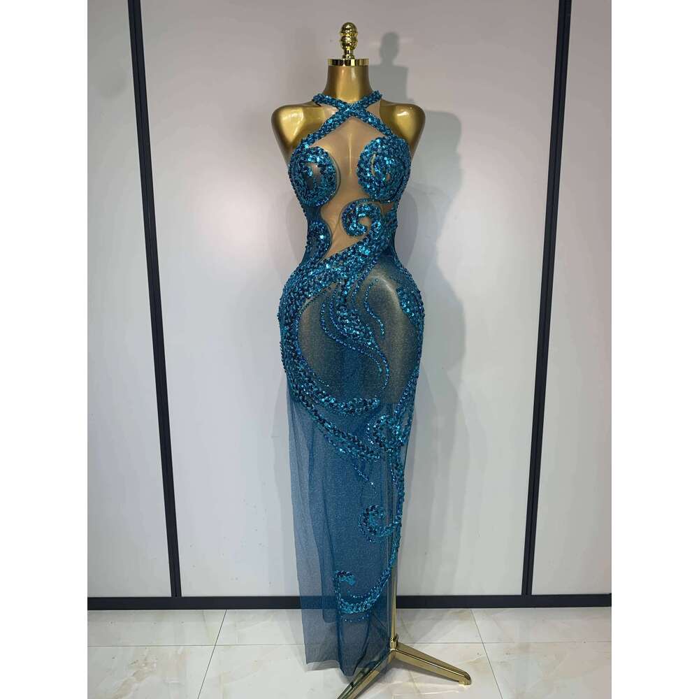 Women Luxury Blue Rhinestones Sequines Mesh Transparent Long Club Evening Party Dress Birthday Photoshoot Clothing