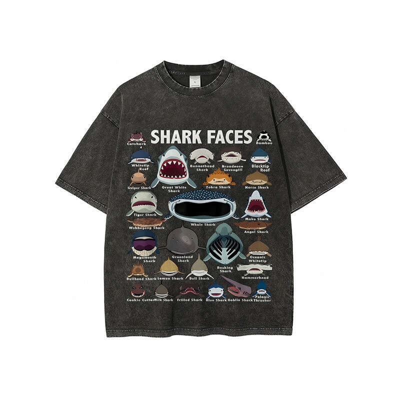 Washed Retro Neutral Style T-Shirt With Various Shark Prints