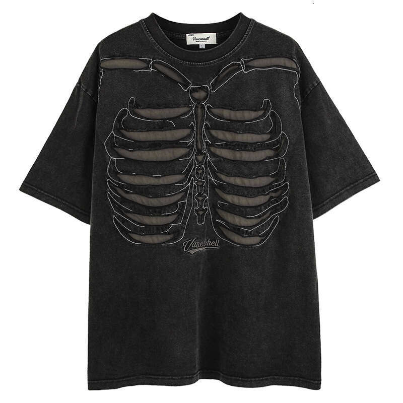 Men's Summer European American Dark High Street Fashion Brand Ins National Trend Vintage Skull Short Sleeve T-Shirt for Men and Women