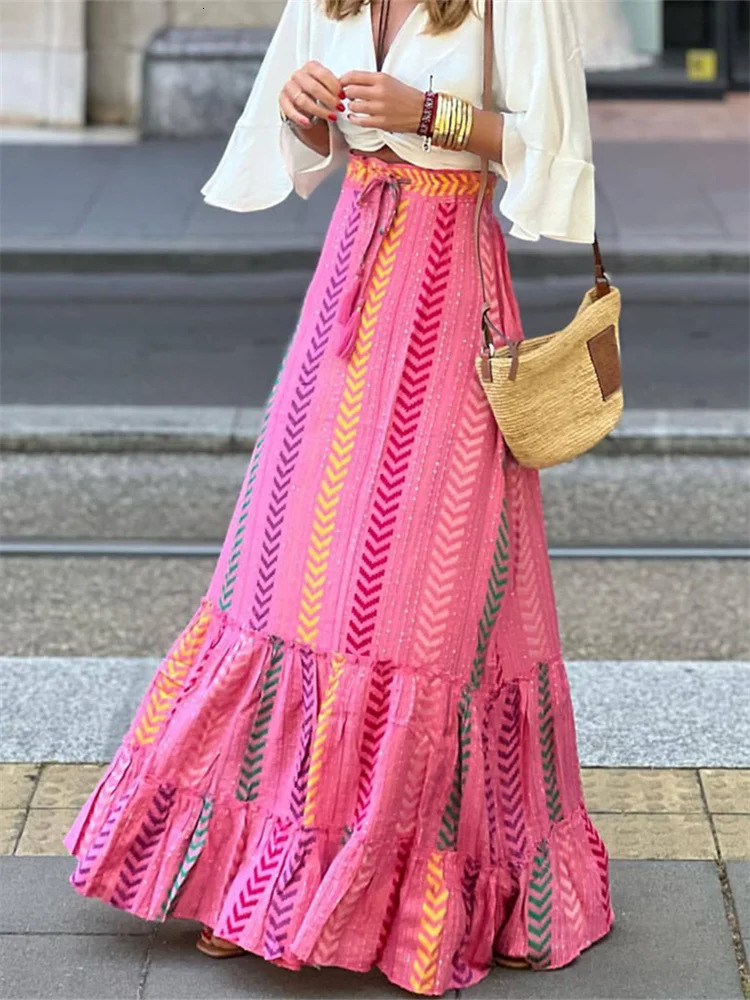 Women Flowy Boho Skirt Printed Ruffled Hem Summer Casual Long Skirt for Beach Vacation Club Streetwear Aesthetic Clothes 260306