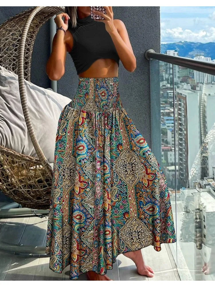 Women Fashion Floral Print Folds Bohemian Elastic High Waist Skirt Ladies Knee-Length Long Skirts For Women 260306