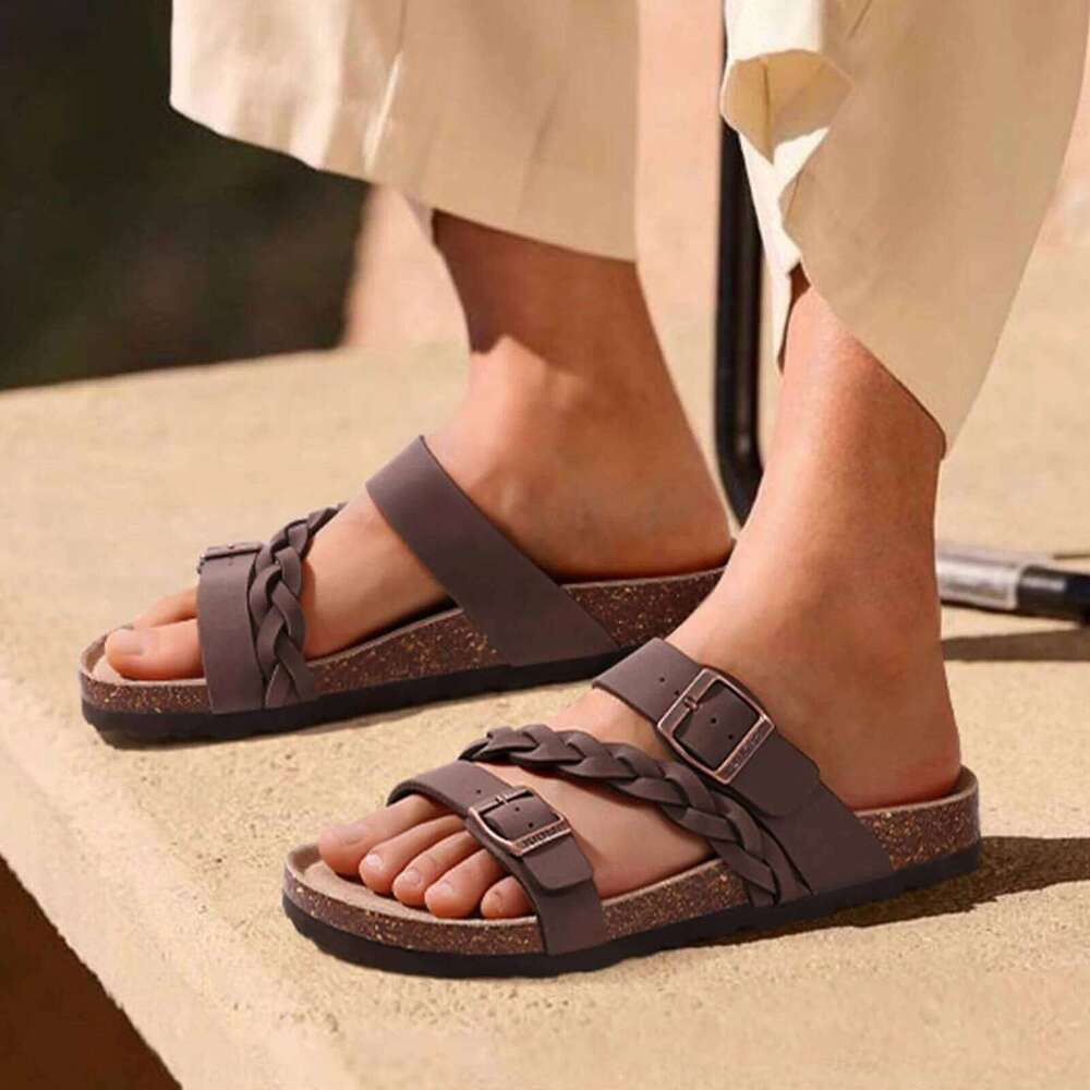 Summer Women's Footbed Arch Support Cork Women Slippers Slip-On Leisure Lady Sandals With Adjustable Buckle
